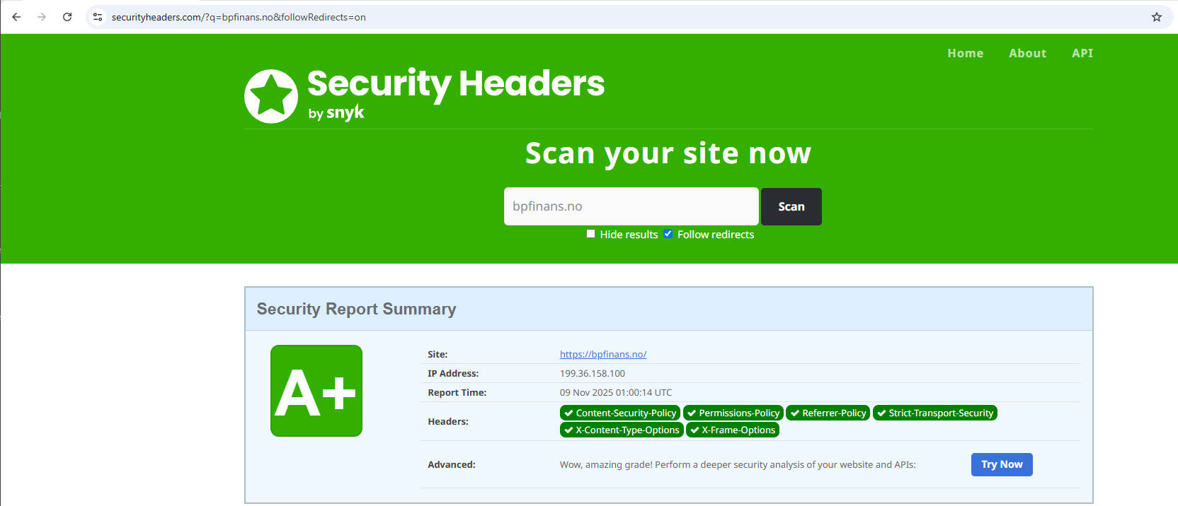Security Headers A+ Rating
